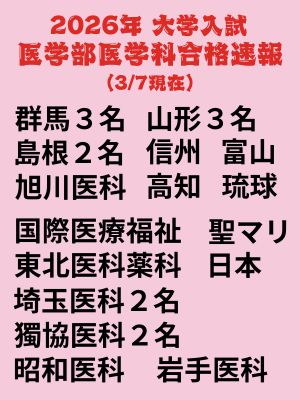 2026医学部医学科合格速報